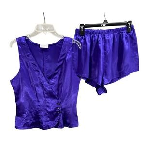 Women Vintage Shorts Pajamas Sz M Purple Satin VAL MODE Wrap Top Classic 90s Y2K